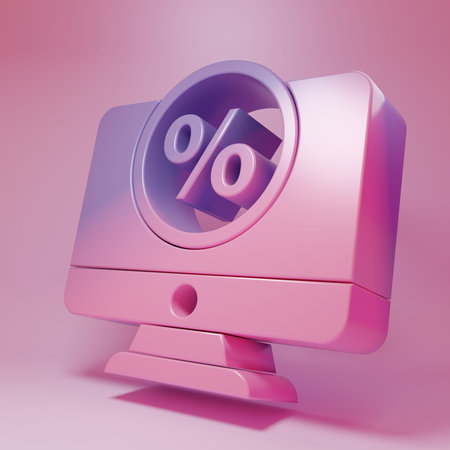 Purple-pink Percent symbol discount and monitor icon isolated on pink background. Sale percentage - price label, tag. Minimalism concept. 3D render illustration.の写真素材