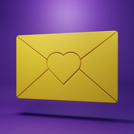 Yellow Envelope with Valentine heart icon isolated on purple background. Message love. Letter love and romance. Minimalism concept. 3D render illustration.の写真素材