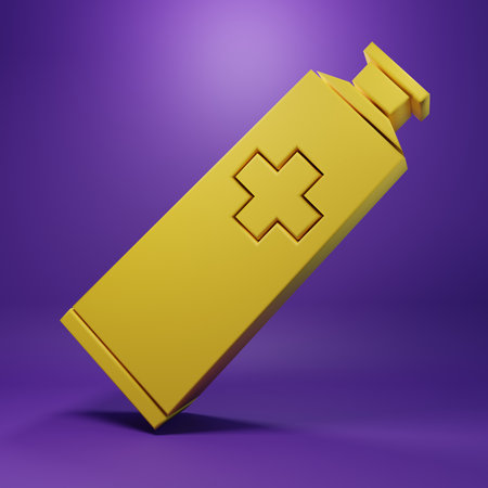 Yellow Ointment cream tube medicine icon isolated on purple background. Tube, container, toothpaste, cream sign. Minimalism concept. 3D render illustration.の写真素材