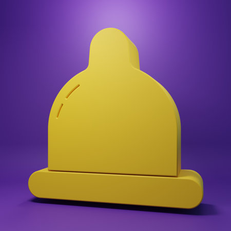 Yellow Condom icon isolated on purple background. Safe love symbol. Contraceptive method for males. Minimalism concept. 3D render illustration.の写真素材