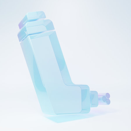Frosted glass Inhaler icon isolated on white background. Breather for cough relief, inhalation, allergic patient. Medical allergy asthma inhaler spray. Minimalism concept. 3D render illustration.の写真素材