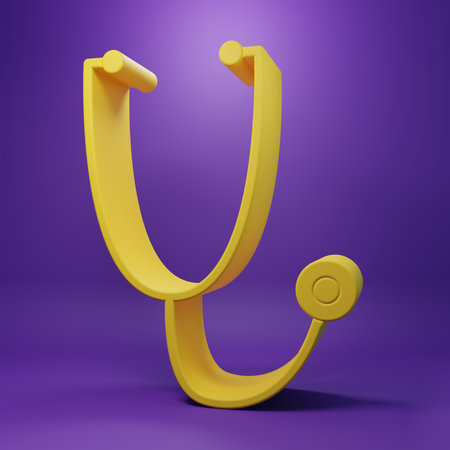 Yellow Stethoscope medical instrument icon isolated on purple background. Minimalism concept. 3D render illustration.の写真素材