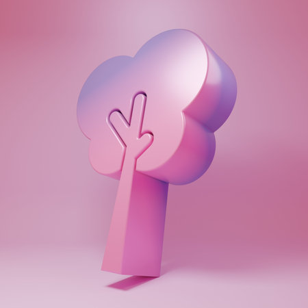 Purple-pink Tree icon isolated on pink background. Forest symbol. Minimalism concept. 3D render illustration.の写真素材