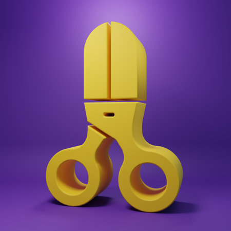 Yellow Scissors hairdresser icon isolated on purple background. Hairdresser, fashion salon and barber sign. Barbershop symbol. Minimalism concept. 3D render illustration.の写真素材
