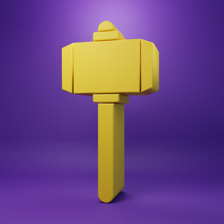Yellow Battle hammer icon isolated on purple background. Minimalism concept. 3D render illustration.の写真素材