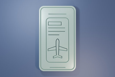 Gray Smartphone with electronic boarding pass airline ticket icon isolated on purple-blue background. Passenger plane mobile ticket for web and app. Minimalism concept. 3D render illustration.の写真素材