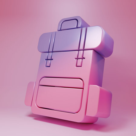 Purple-pink Hiking backpack icon isolated on pink background. Camping and mountain exploring backpack. Minimalism concept. 3D render illustration.の写真素材