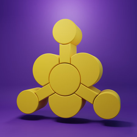 Yellow Bacteria icon isolated on purple background. Bacteria and germs, microorganism disease causing, cell cancer, microbe, virus, fungi. Minimalism concept. 3D render illustration.の写真素材