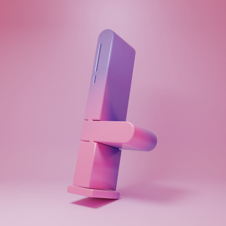 Purple-pink rubber baton icon isolated on pink background. Rubber truncheon. Bat. Equipment. Minimalism concept. 3D render illustration.の写真素材