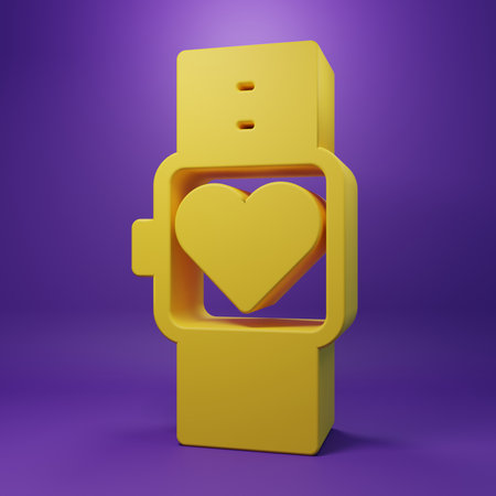 Yellow Smart watch showing heart beat rate icon isolated on purple background. Fitness App concept. Minimalism concept. 3D render illustration.の写真素材