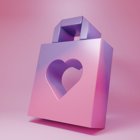Purple-pink Shopping bag with heart icon isolated on pink background. Shopping bag shop love like heart icon. Valentines day symbol. Minimalism concept. 3D render illustration.の写真素材