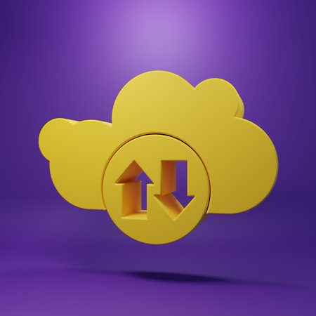 Yellow Cloud download and upload icon isolated on purple background. Minimalism concept. 3D render illustration.の写真素材