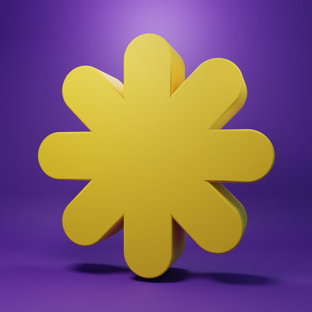 Yellow Cross medical icon isolated on purple background. First aid. Diagnostics symbol. Medicine and pharmacy sign. Minimalism concept. 3D render illustration.の写真素材