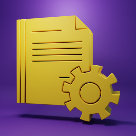 Yellow Document settings with gears icon isolated on purple background. Software update, transfer protocol, teamwork tool management. Minimalism concept. 3D render illustration.の写真素材