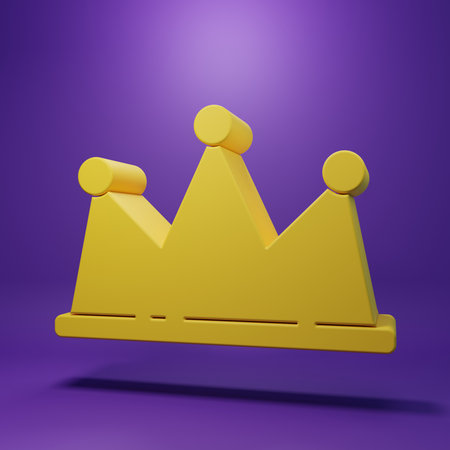Yellow Crown icon isolated on purple background. Minimalism concept. 3D render illustration.の写真素材