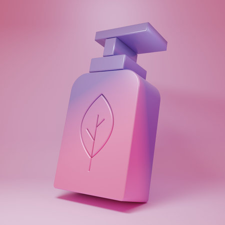 Purple-pink Essential oil bottle icon isolated on pink background. Organic aromatherapy essence. Skin care serum glass drop package. Minimalism concept. 3D render illustration.の写真素材