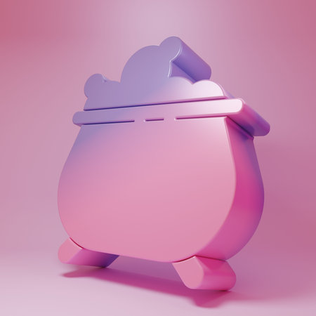 Purple-pink Witch cauldron icon isolated on pink background. Happy Halloween party. Minimalism concept. 3D render illustration.の写真素材