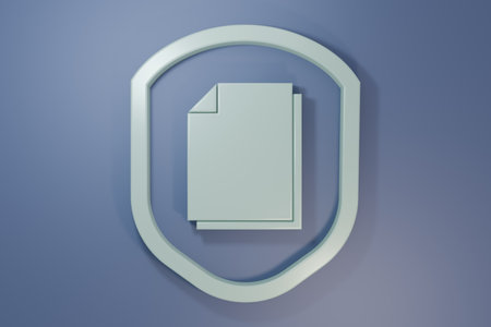 Gray Document protection concept icon isolated on purple-blue background. Confidential information and privacy idea, secure, guard, shield. Minimalism concept. 3D render illustration.の写真素材