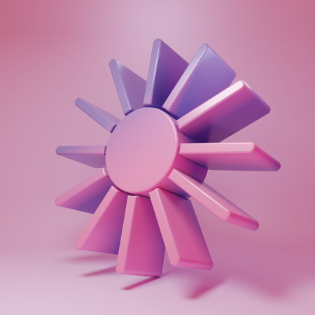 Purple-pink Sun icon isolated on pink background. Summer symbol. Good sunny day. Minimalism concept. 3D render illustration.の写真素材