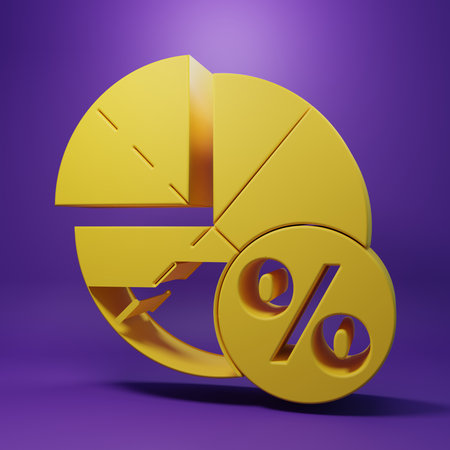 Yellow Graph, schedule, chart, diagram, infographic, pie graph icon isolated on purple background. Minimalism concept. 3D render illustration.の写真素材