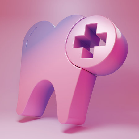 Purple-pink Tooth icon isolated on pink background. Tooth symbol for dentistry clinic or dentist medical center and toothpaste package. Minimalism concept. 3D render illustration.の写真素材