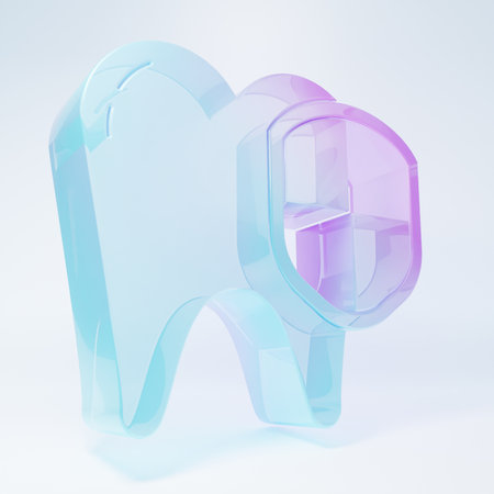 Frosted glass Dental protection icon isolated on white background. Tooth on shield logo. Minimalism concept. 3D render illustration.の写真素材