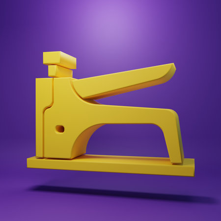 Yellow Construction stapler icon isolated on purple background. Working tool. Minimalism concept. 3D render illustration.の写真素材