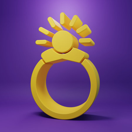 Yellow Fantasy magic stone ring with gem icon isolated on purple background. Minimalism concept. 3D...