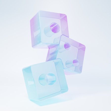 Frosted glass Game dice icon isolated on white background. Minimalism concept. 3D render illustration.の写真素材