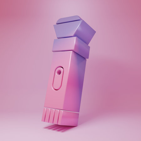 Purple-pink Flashlight icon isolated on pink background. Minimalism concept. 3D render illustration.の写真素材
