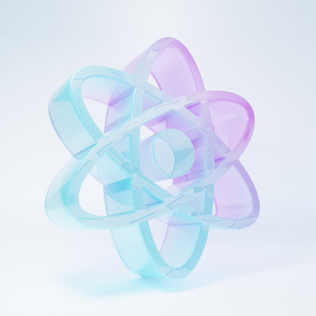 Frosted glass Atom icon isolated on white background. Symbol of science, education, nuclear physics, scientific research. Minimalism concept. 3D render illustration.の写真素材