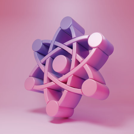 Purple-pink Atom icon isolated on pink background. Symbol of science, education, nuclear physics, scientific research. Minimalism concept. 3D render illustration.の写真素材
