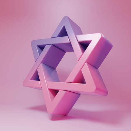 Purple-pink Star of David icon isolated on pink background. Jewish religion symbol. Symbol of Israel. Minimalism concept. 3D render illustration.の写真素材