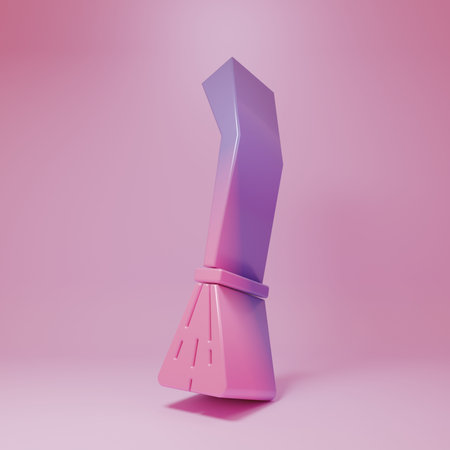 Purple-pink Witches broom icon isolated on pink background. Happy Halloween party. Minimalism concept. 3D render illustration.の写真素材
