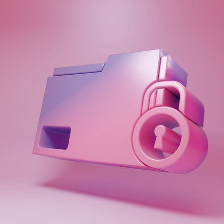 Purple-pink Folder and lock icon isolated on pink background. Closed folder and padlock. Security, safety, protection concept. Minimalism concept. 3D render illustration.の写真素材