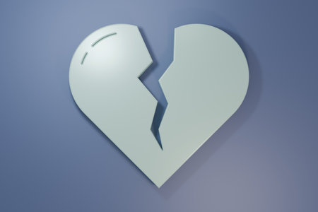 Gray Broken heart or divorce icon isolated on purple-blue background. Love symbol. Valentines day. Minimalism concept. 3D render illustration.の写真素材