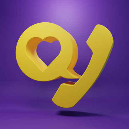 Yellow Telephone with heart emoji speech bubble get message on screen icon isolated on purple background. Valentines day. Minimalism concept. 3D render illustration.の写真素材