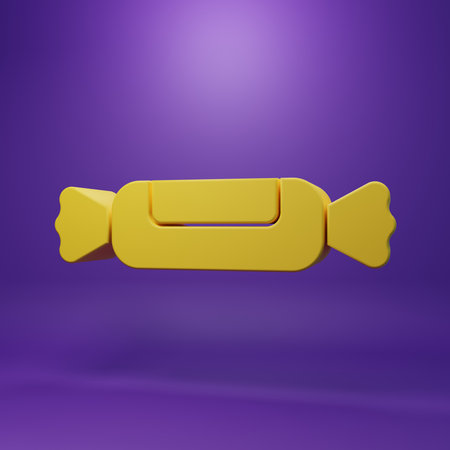 Yellow Candy icon isolated on purple background. Minimalism concept. 3D render illustration.の写真素材