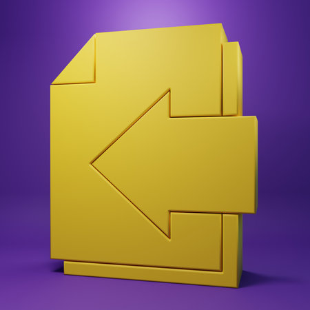 Yellow Next page arrow icon isolated on purple background. Document file with arrow. Send document. Minimalism concept. 3D render illustration.の写真素材