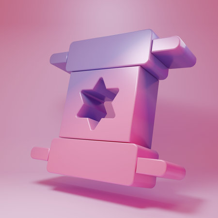 Purple-pink Torah scroll icon isolated on pink background. Jewish Torah in expanded form. Star of David symbol. Old parchment scroll. Minimalism concept. 3D render illustration.の写真素材