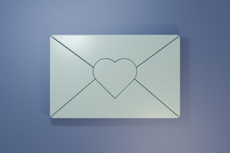 Envelope with Valentine heart icon isolated on purple-blue background. Message love. Letter love and romance. Minimalism concept. 3D render illustration.の写真素材