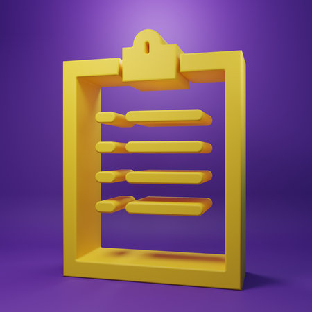 Yellow Clipboard with checklist icon isolated on purple background. Control list symbol. Survey poll or questionnaire feedback form. Minimalism concept. 3D render illustration.の写真素材