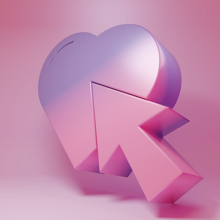 Purple-pink Heart and cursor click icon isolated on pink background. Online dating. Click on like button. International Happy Women's Day. Minimalism concept. 3D render illustration.の写真素材