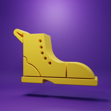 Yellow Hiking boot icon isolated on purple background. Minimalism concept. 3D render illustration.の写真素材
