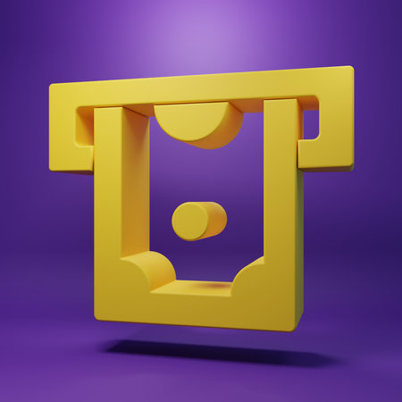 Yellow ATM - Automated teller machine and money icon isolated on purple background. Minimalism concept. 3D render illustration.の写真素材