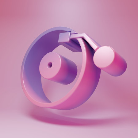 Purple-pink Vinyl player with a vinyl disk icon isolated on pink background. Minimalism concept. 3D render illustration.の写真素材