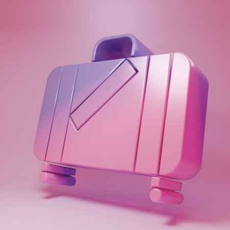 Purple-pink Suitcase for travel and stickers icon isolated on pink background. Traveling baggage sign. Travel luggage icon. Minimalism concept. 3D render illustration.の写真素材