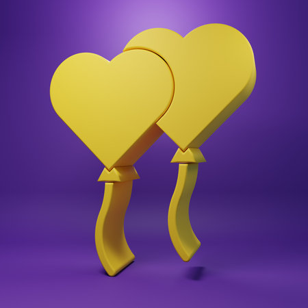 Yellow Balloons in form of heart with ribbon icon isolated on purple background. Valentines day. Minimalism concept. 3D render illustration.の写真素材