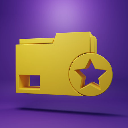 Yellow Document folder with star icon isolated on purple background. Document best, favorite, rating...