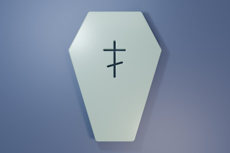 Gray Coffin with Christian cross icon isolated on purple-blue background. Minimalism concept. 3D render illustration.の写真素材